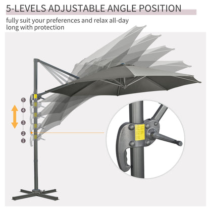 Outsunny 3 x 3(m) Cantilever Parasol with Cross Base, Garden Umbrella with 360 Rotation, Crank Handle and Tilt for Outdoor, Patio, Grey