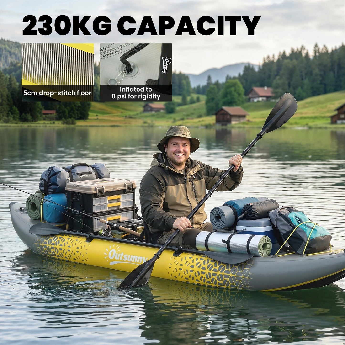 Outsunny 12.5' Inflatable Kayak Set, 2-person Sit on Canoe with Aluminium Oars, Grey and Yellow