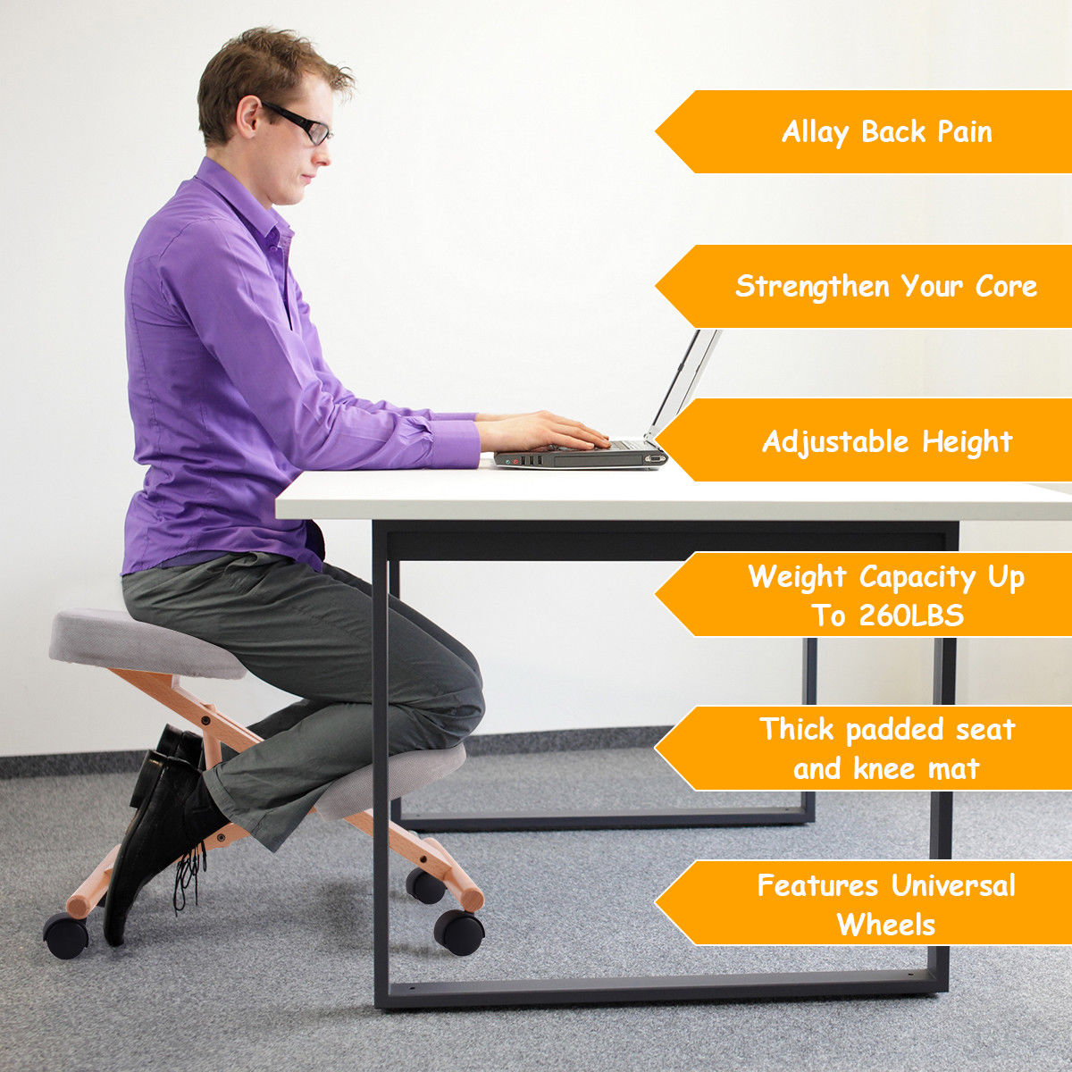 Wooden Orthopaedic Kneeling Stool Ergonomic Posture Frame Seat-Grey