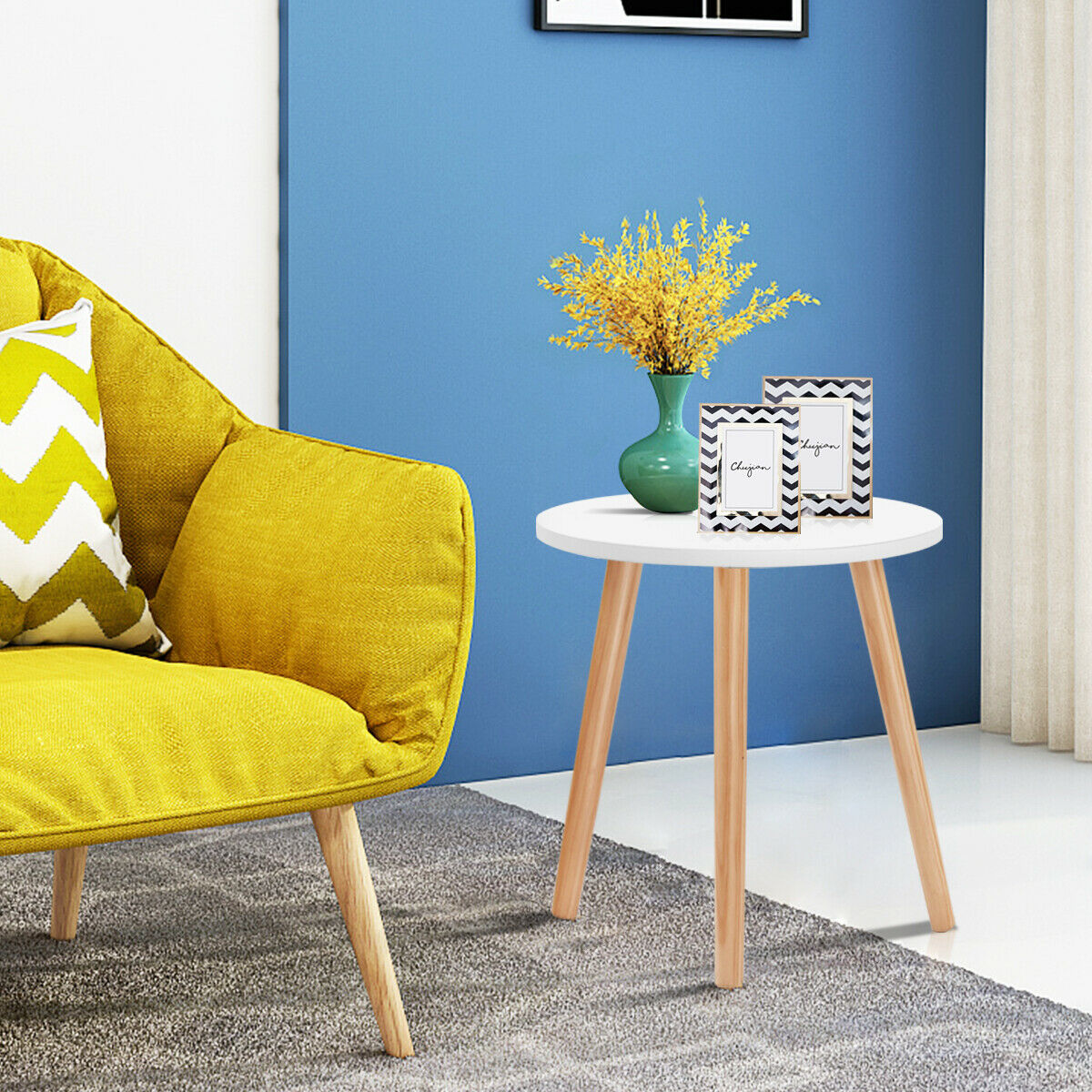 Round Occasional/Side Table with Natural Wood Legs for Home and Office-White