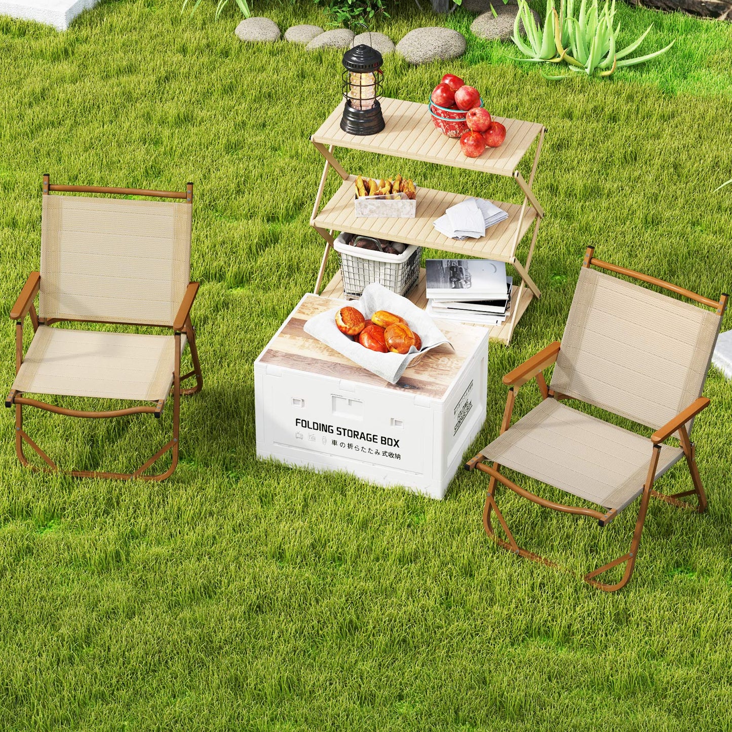 Set of 2 Folding Camp Chairs Lightweight with Aluminum Frame-Beige