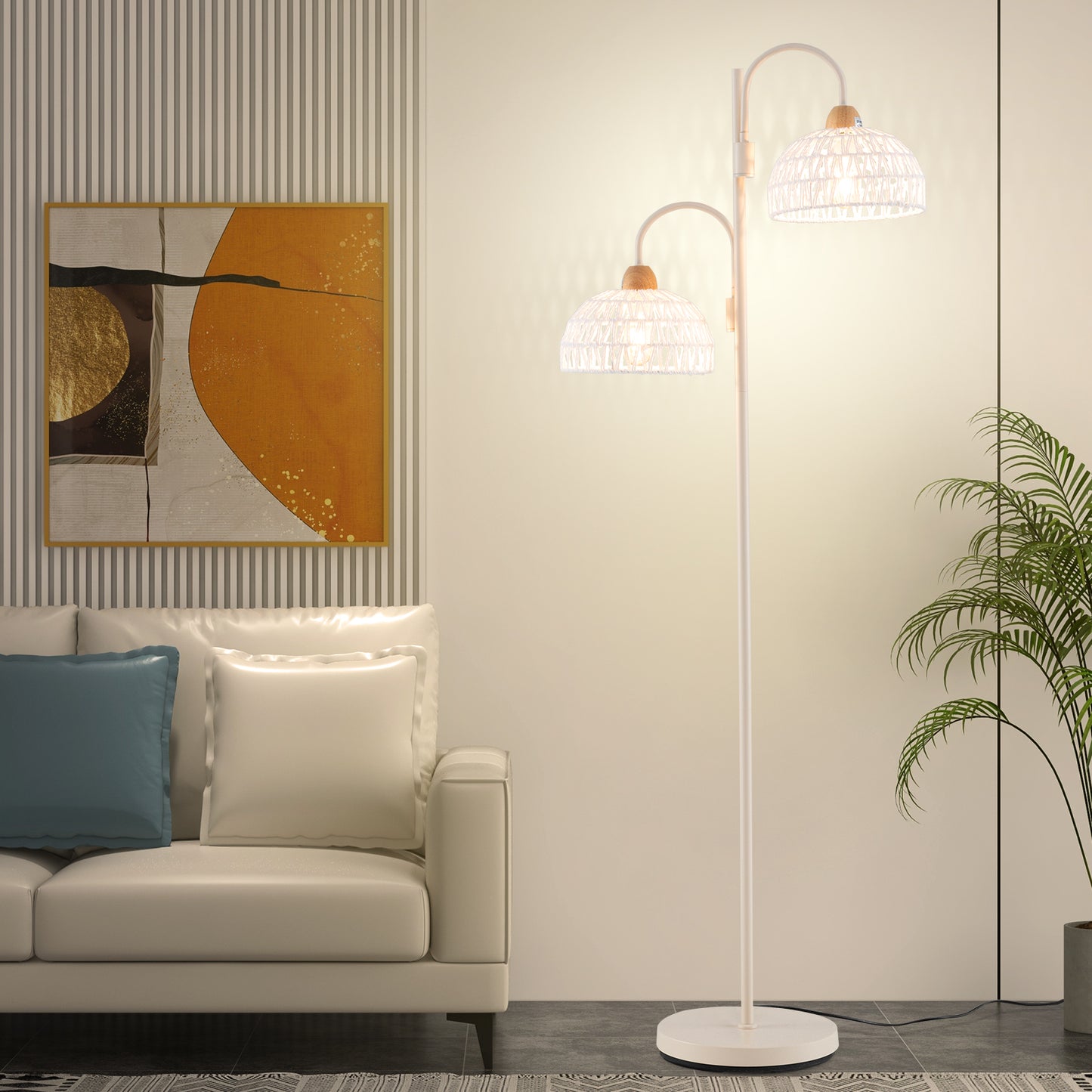 2 Light Floor Lamp with Foot Switch and Woven Lampshades-White