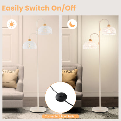 2 Light Floor Lamp with Foot Switch and Woven Lampshades-White