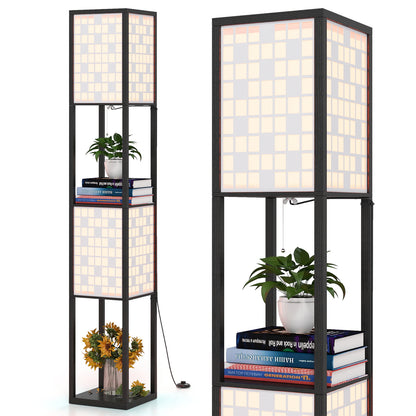 2-Light Floor Lamp with Shelves Wooden Shelf Lamp with 2 Cut-out Patterned Lampshades-Size 1
