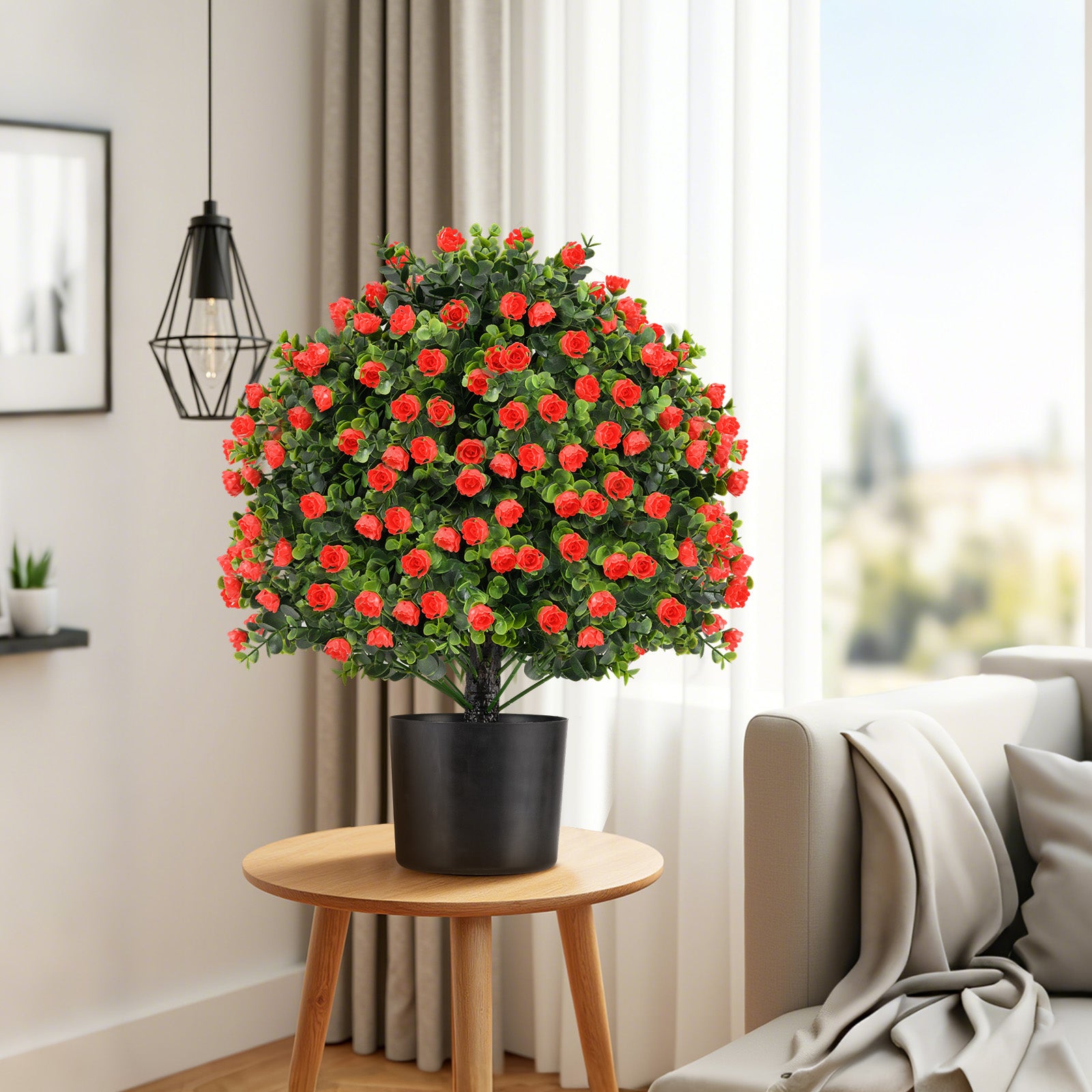 2 Pack Artificial Rose Topiary Ball Tree Faux Shrub Bushes-Red