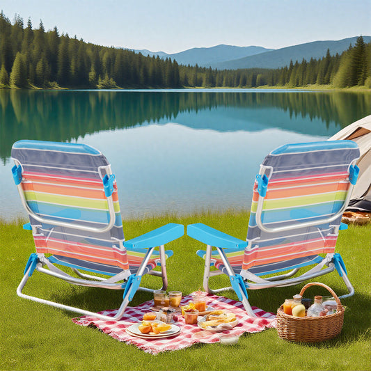 2 Pack Foldable Beach Chair with Armrests and Carry Strap-Colourful-S