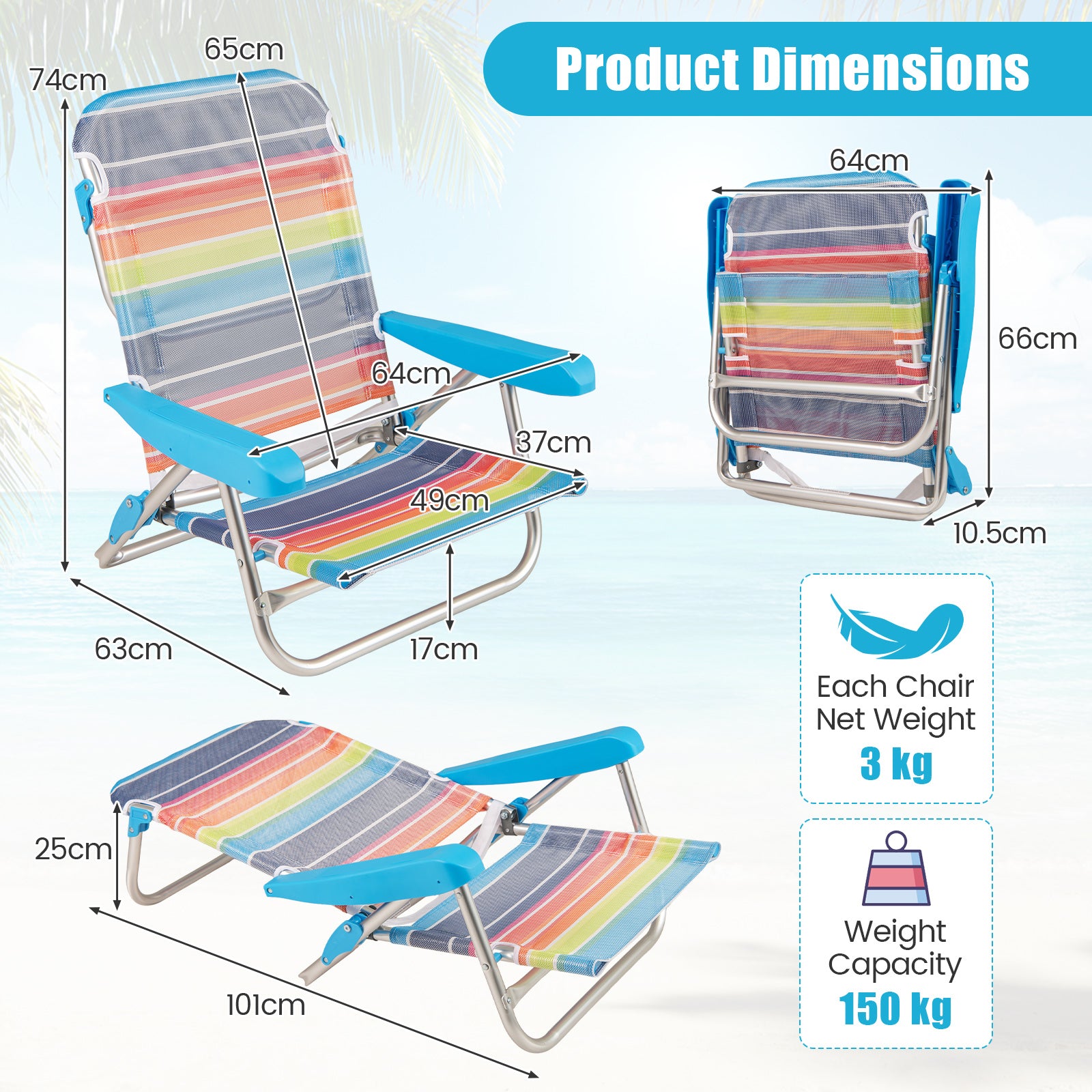 2 Pack Foldable Beach Chair with Armrests and Carry Strap-Colourful-S