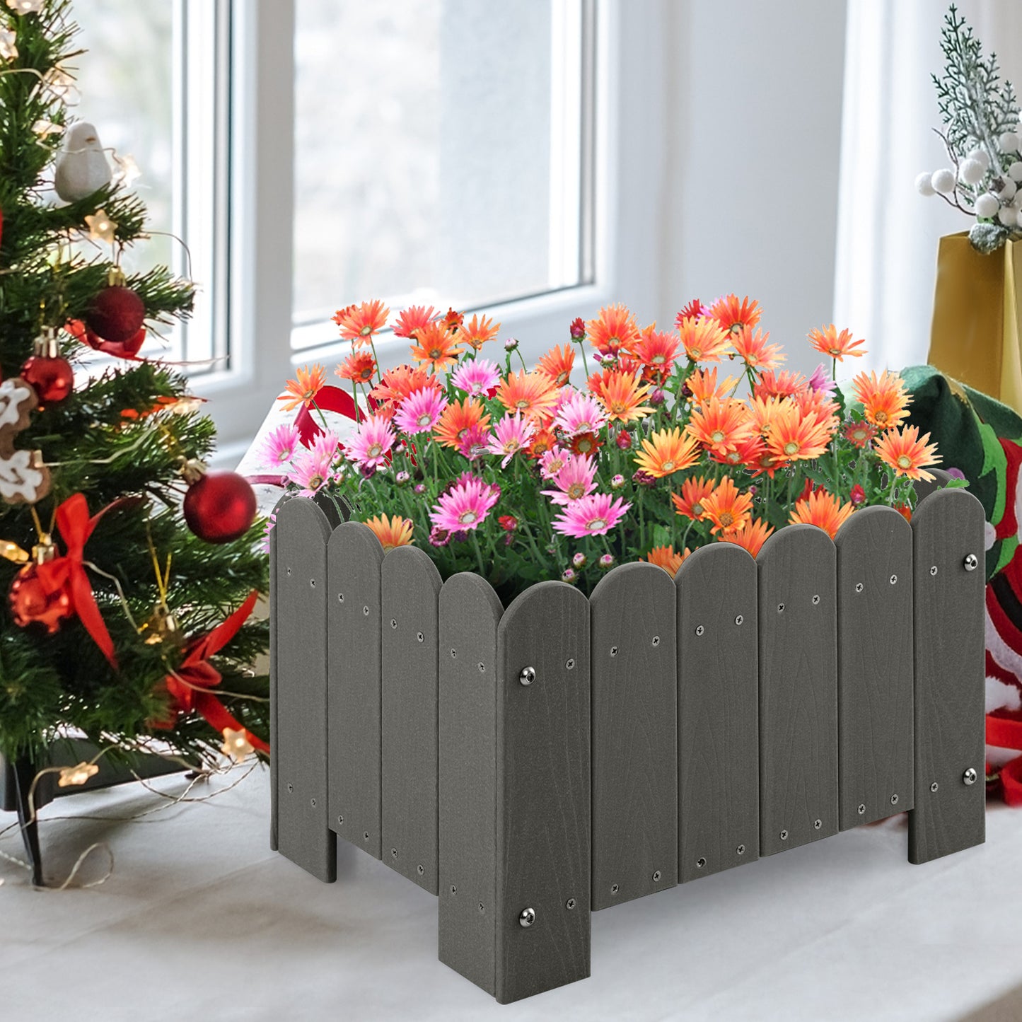 2 Pack Rectangular Planter Box HDPE Flower Pot with Drainage Gaps-Grey