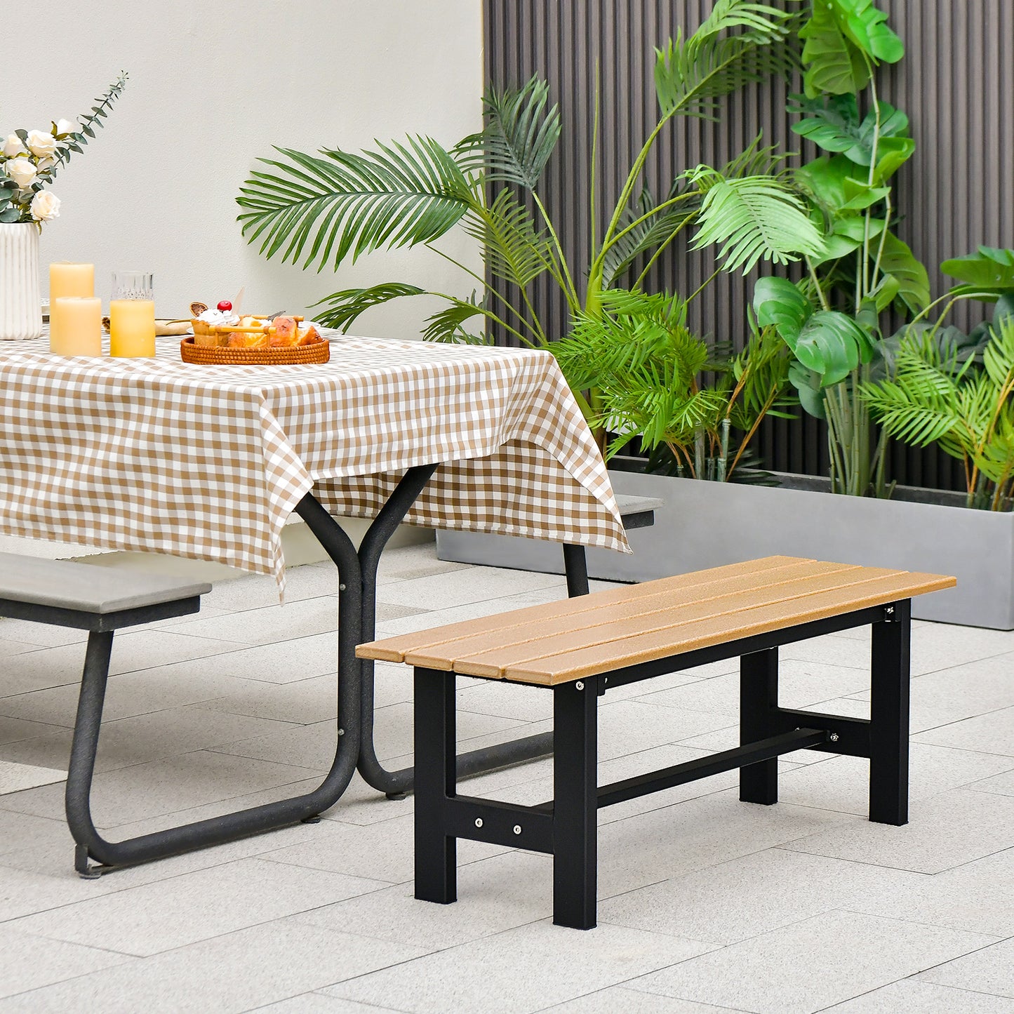 2-Person Outdoor Bench with Slatted Seat-Brown