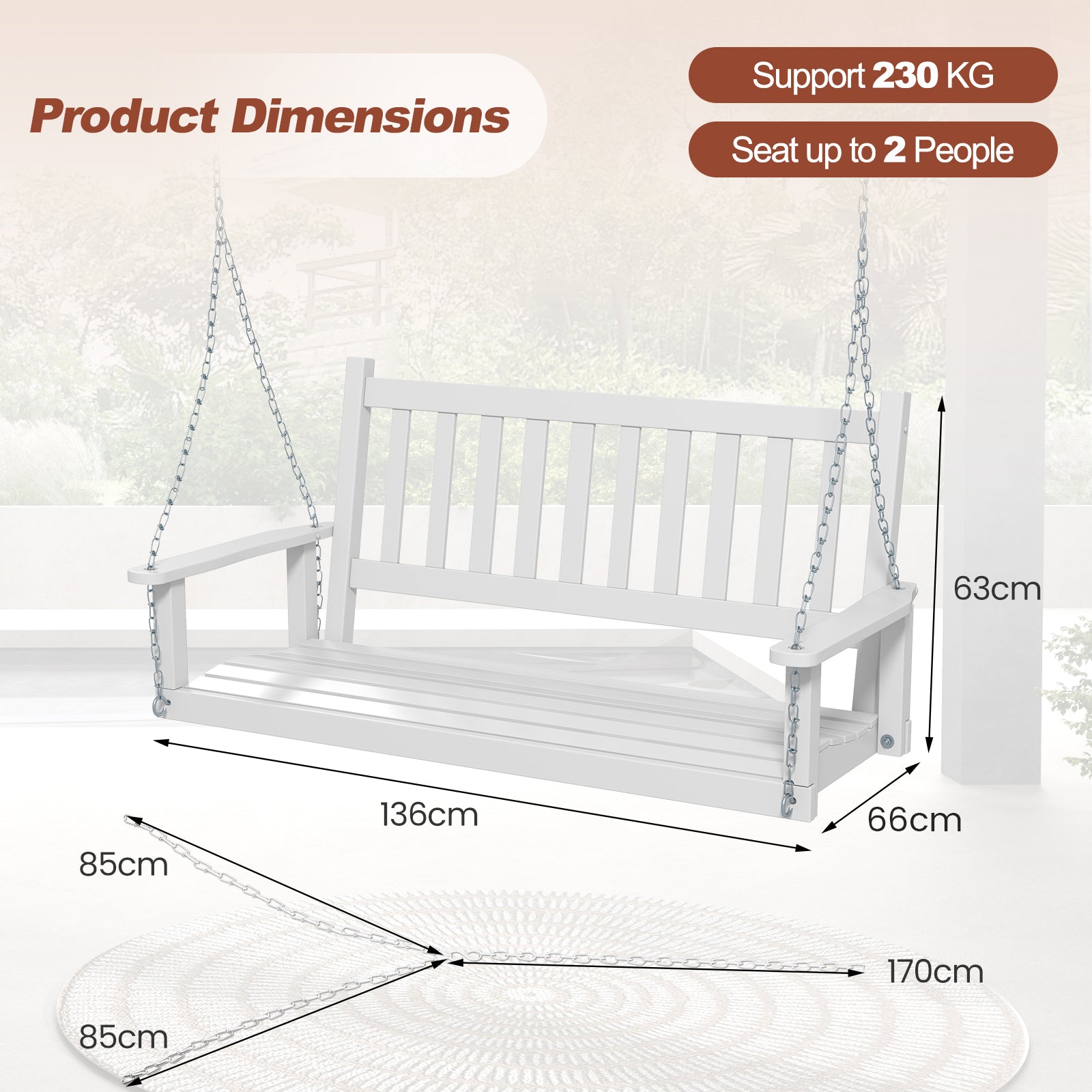 2/3 Person Wooden Outdoor Porch Swing with Adjustable Upper Chains-White-2 Person