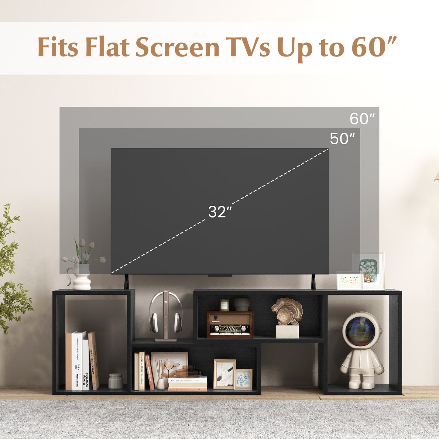 2-Piece Console TV Stand Modern Minimalist Entertainment Center-Black