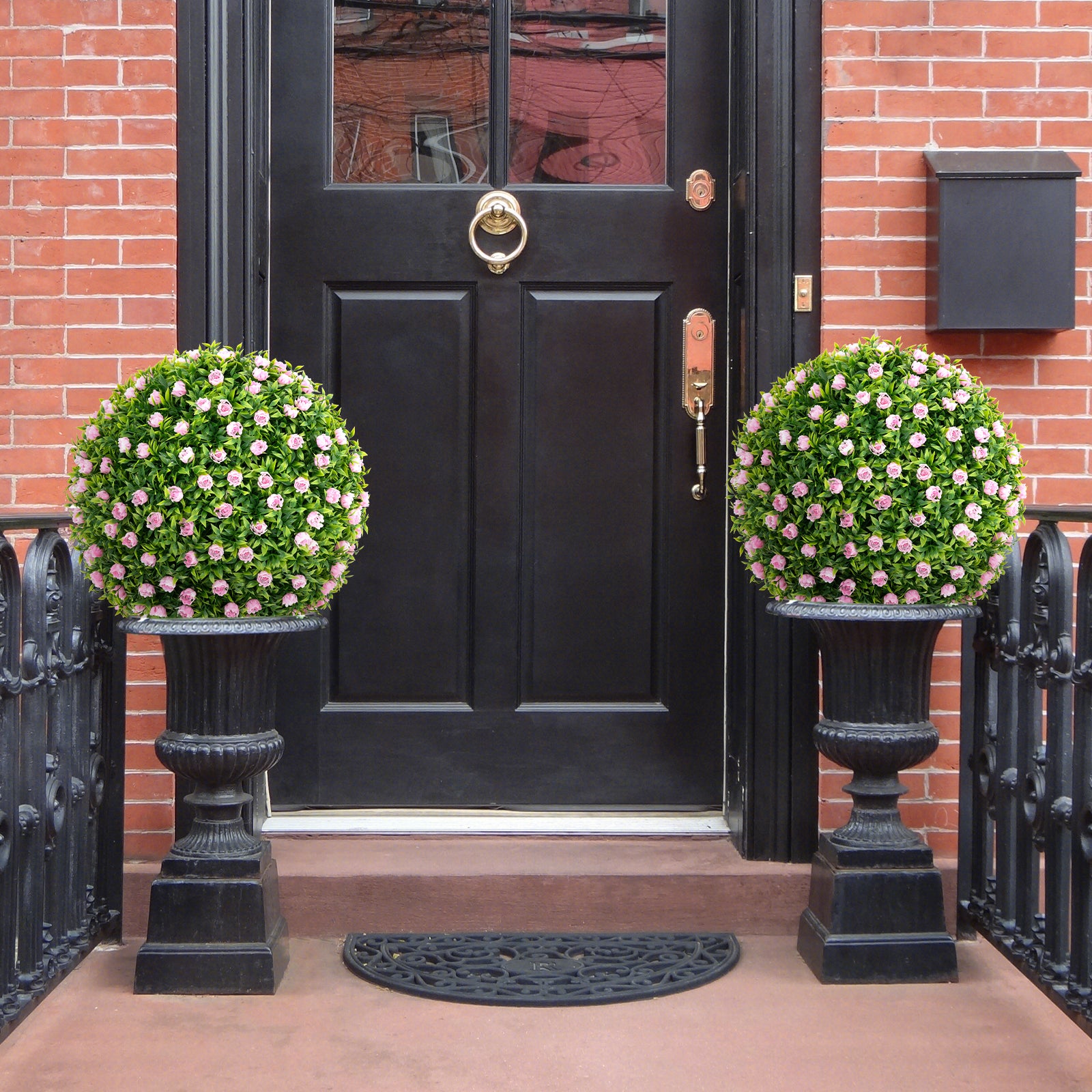 2 Pieces Artificial Plant Topiary Balls with Pink Flowers