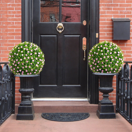 2 Pieces Artificial Plant Topiary Balls with Pink Flowers