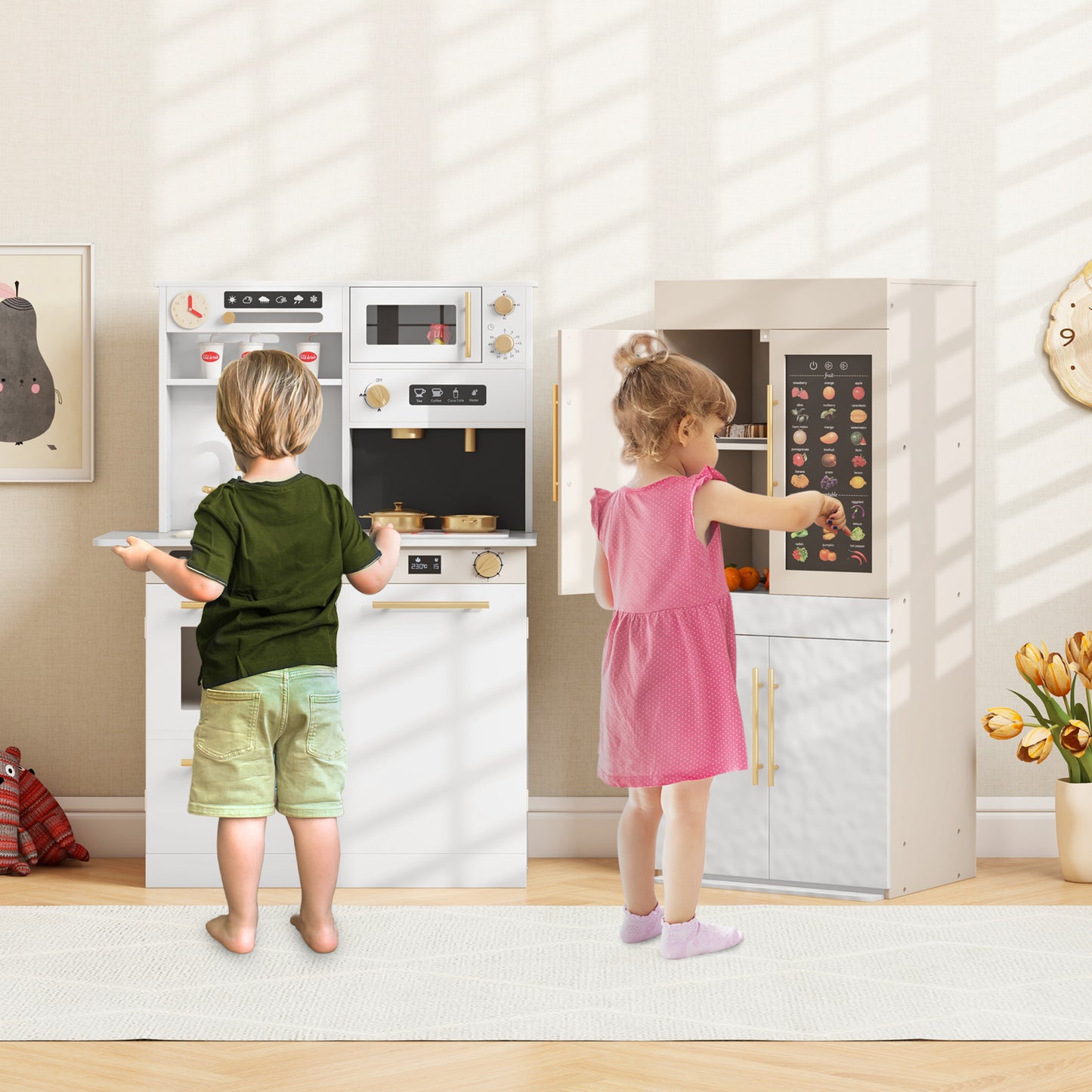 2 Pieces Kids Kitchen Playset Play Kitchen Refrigerator Combination-White