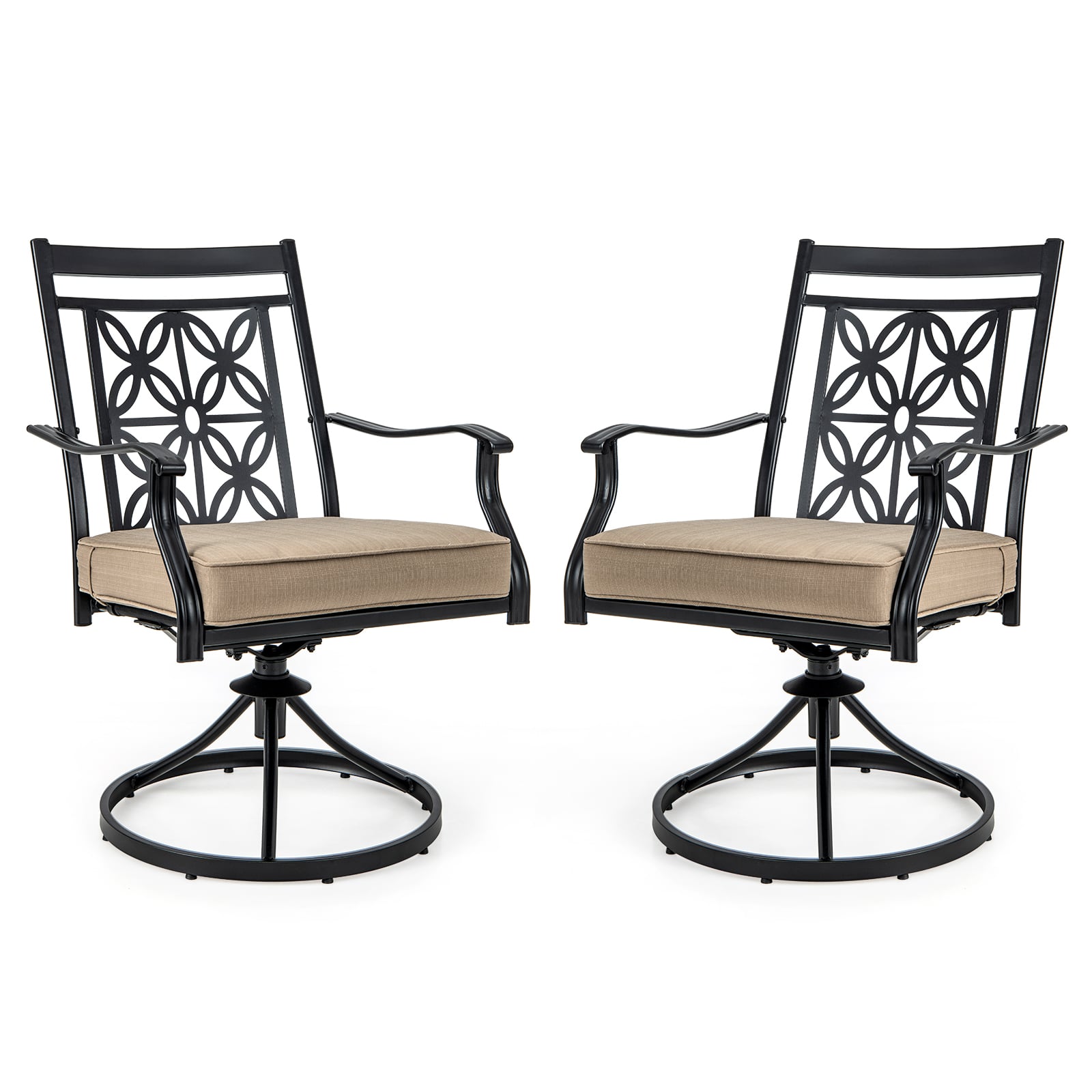 2 Pieces Outdoor Bistro Dining Chair Set Swivel Chairs with Blossom Pattern Backrest-Khaki