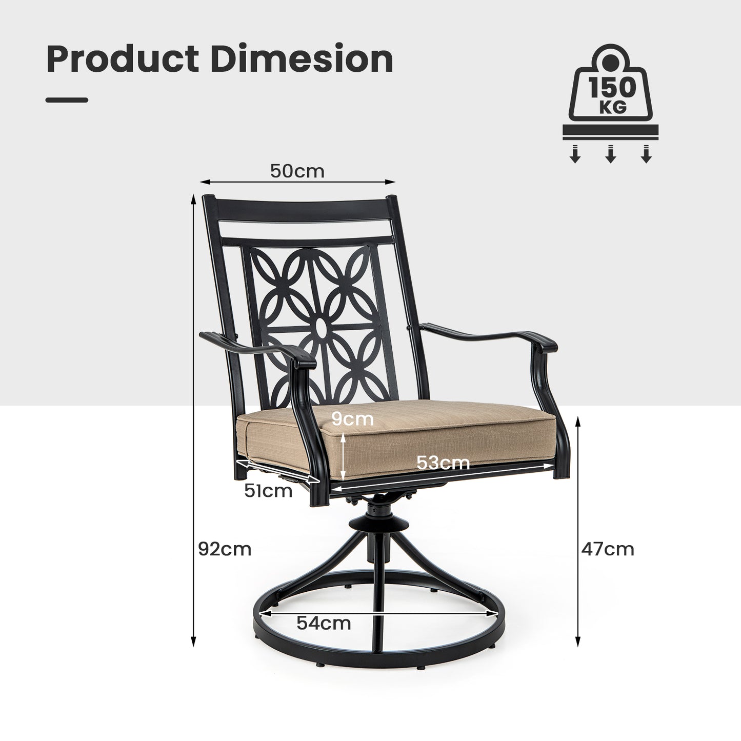 2 Pieces Outdoor Bistro Dining Chair Set Swivel Chairs with Blossom Pattern Backrest-Khaki