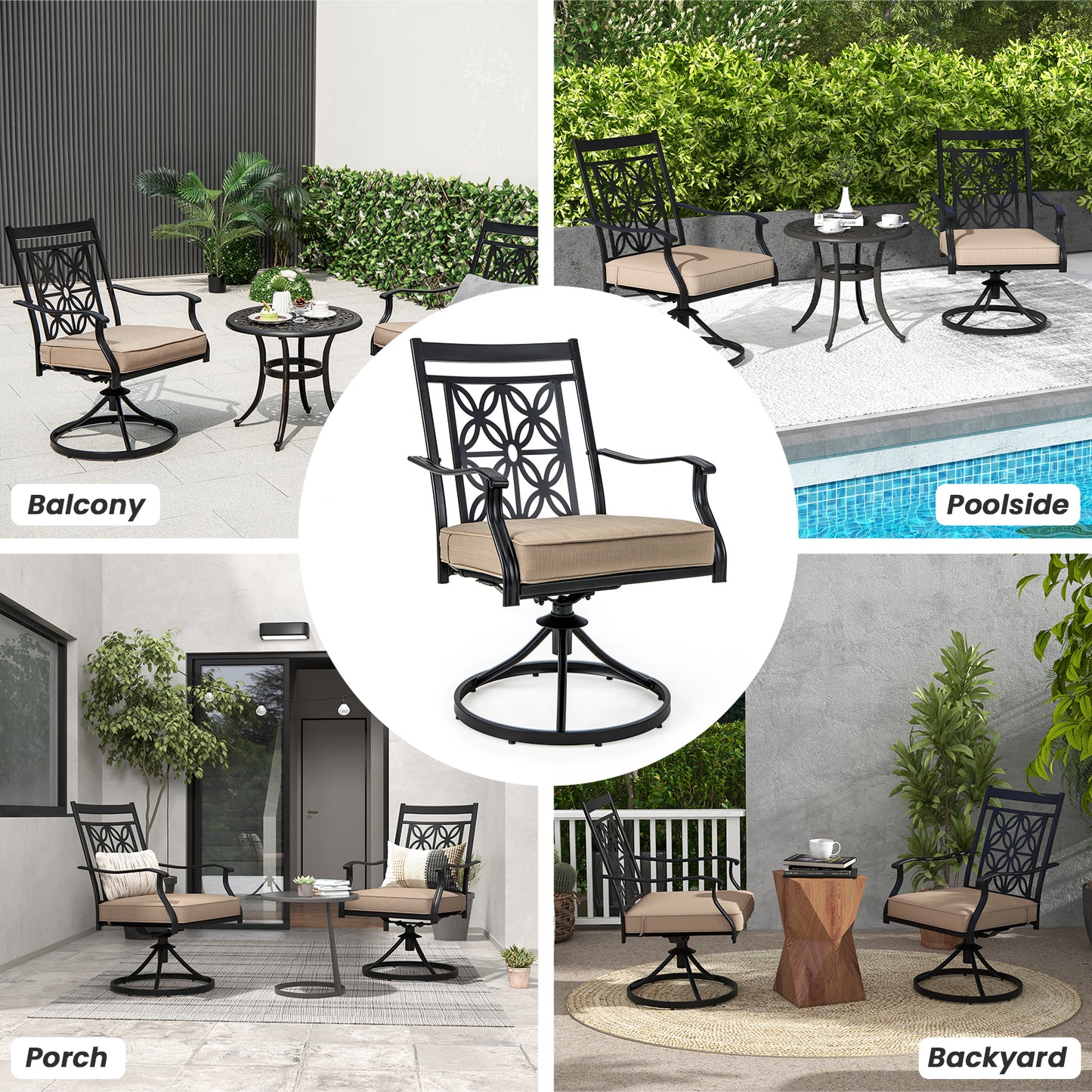2 Pieces Outdoor Bistro Dining Chair Set Swivel Chairs with Blossom Pattern Backrest-Khaki