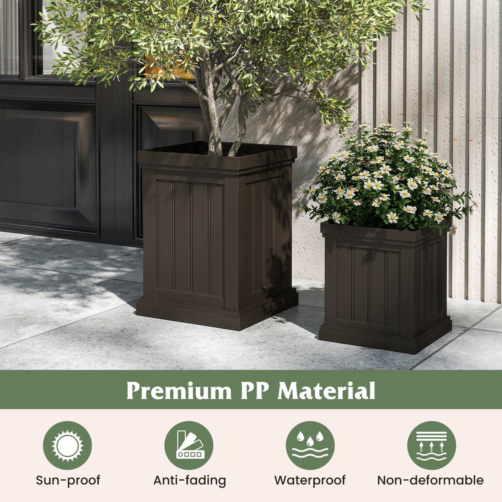 2 Pieces Square Plastic Planters 48cm Large and 32cm Small Flower Pots-Light Brown