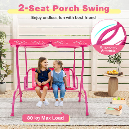 2-Seater Kids Patio Swing Chair with Adjustable Canopy and Safety Belt-Pink
