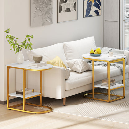 2-Tier C-shaped End Table Modern Sofa Side Table with Metal Frame-White