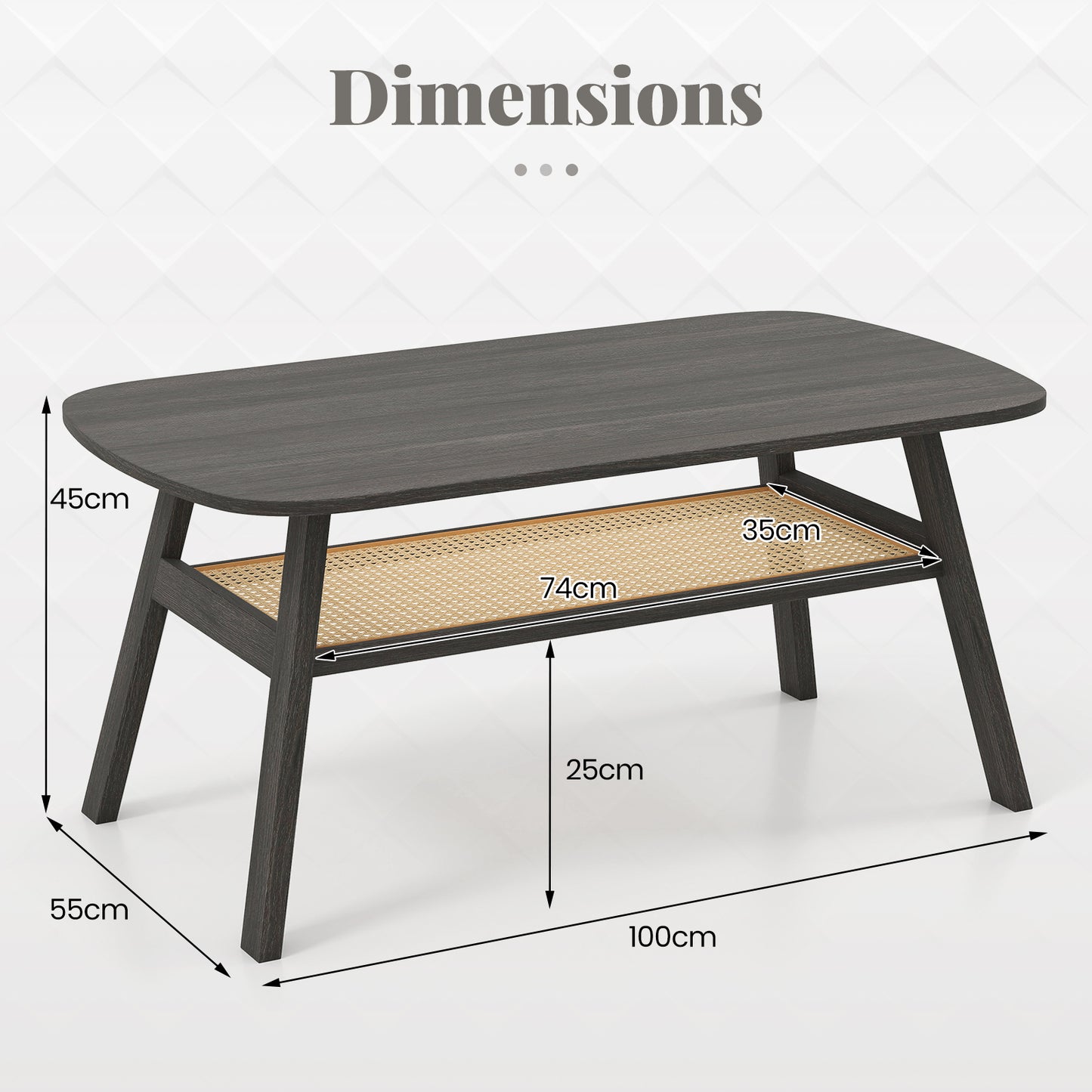 2-Tier Coffee Table with Rattan Storage Shelf and Rubber Wood Legs-Black