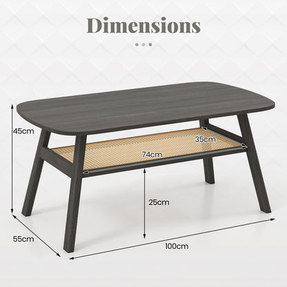 2-Tier Coffee Table with Rattan Storage Shelf and Rubber Wood Legs-Black