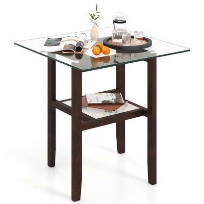 2-Tier End Table with Storage Shelf and Rubber Wood Frame-Brown