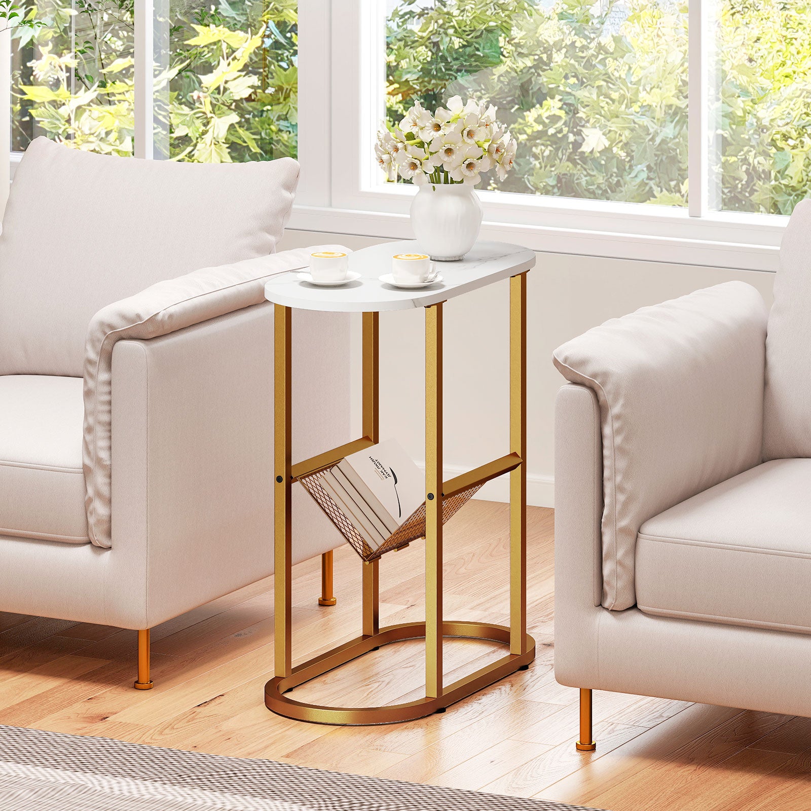 2-Tier Narrow Side Table with Magazine Holder for Living Room Bedroom-White