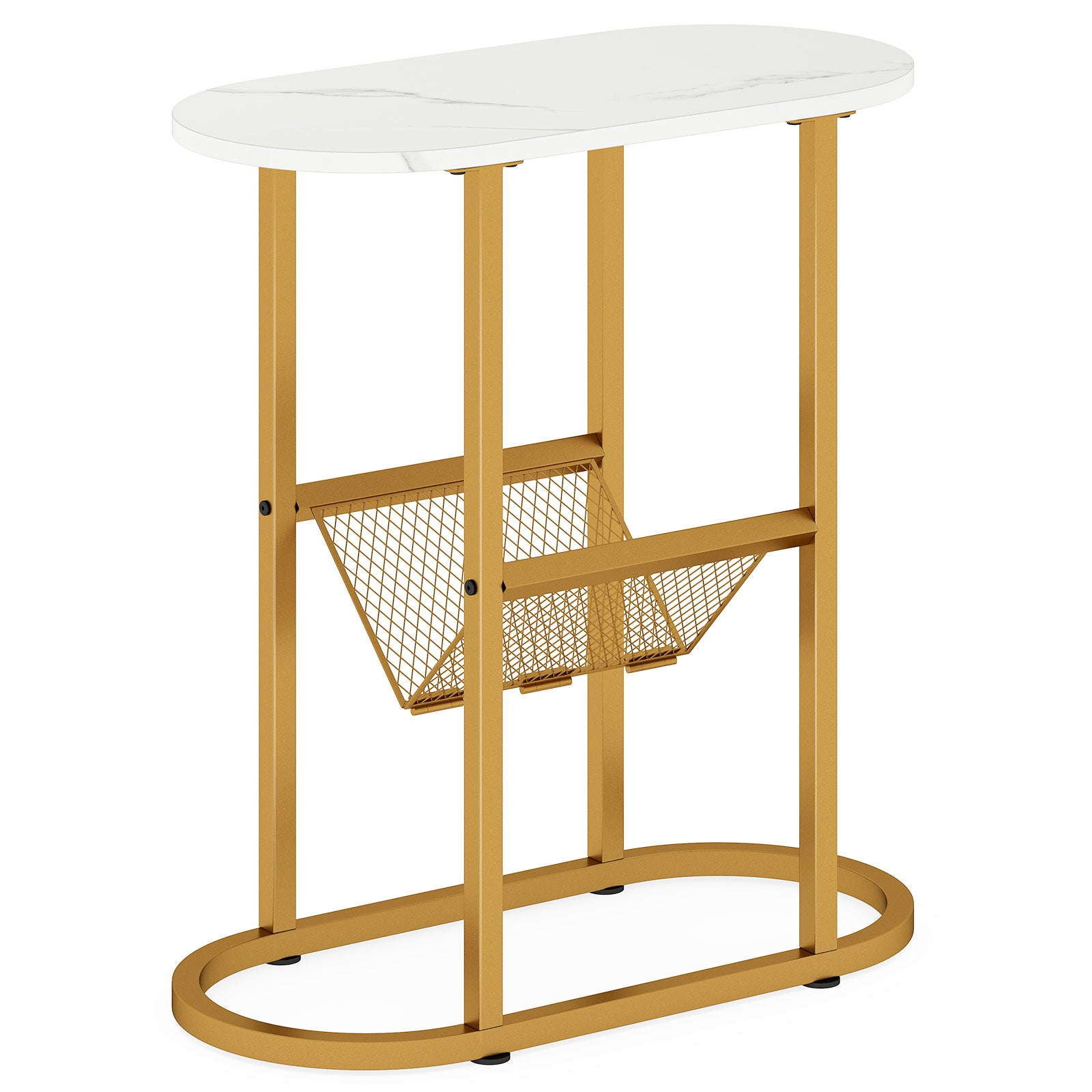 2-Tier Narrow Side Table with Magazine Holder for Living Room Bedroom-White