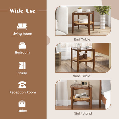 2-Tier PE Rattan Round Side End Table with Tempered Glass Tabletop