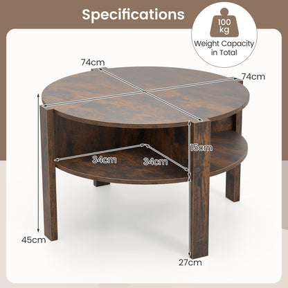 2-Tier Round Coffee Table with 4 Shelves-Rustic Brown