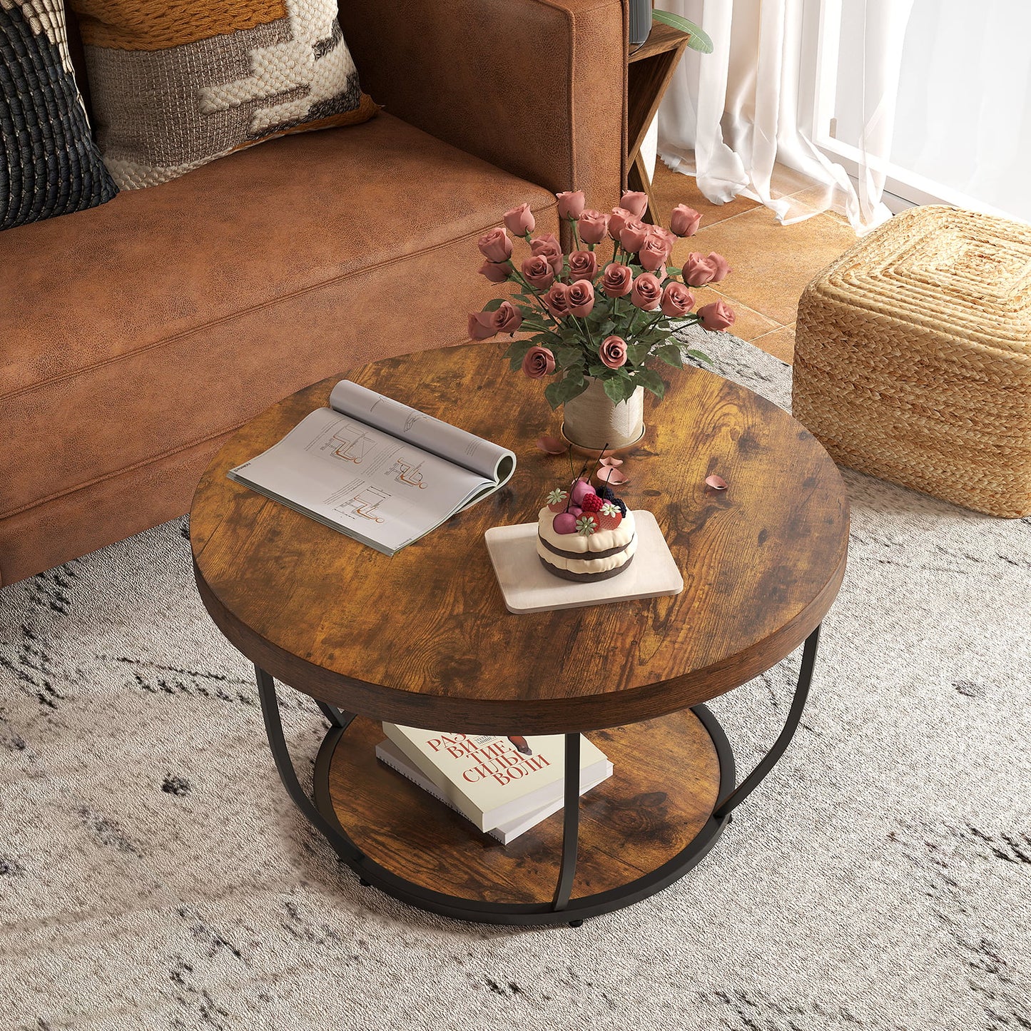 2-Tier Round Coffee Table with Storage Metal Frame Tea Cocktail Table-Natural