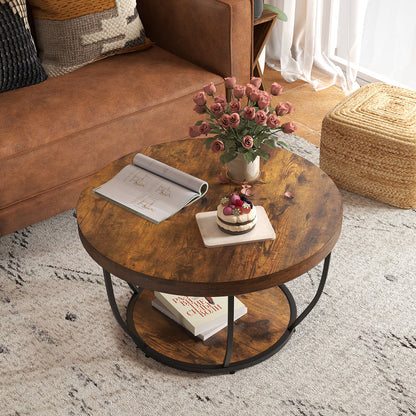 2-Tier Round Coffee Table with Storage Metal Frame Tea Cocktail Table-Natural
