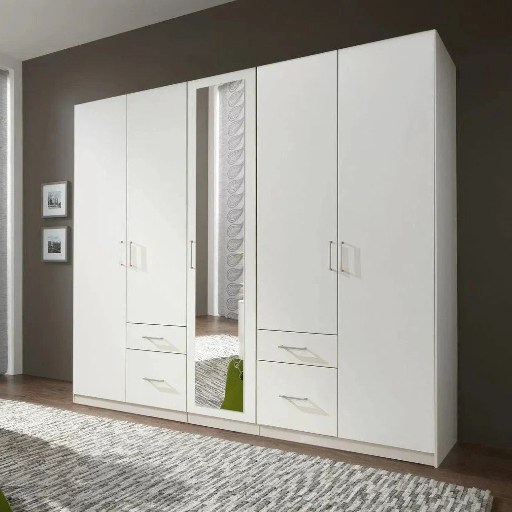 FLOCK 5 Door Mirrored Wardrobe White 225cm