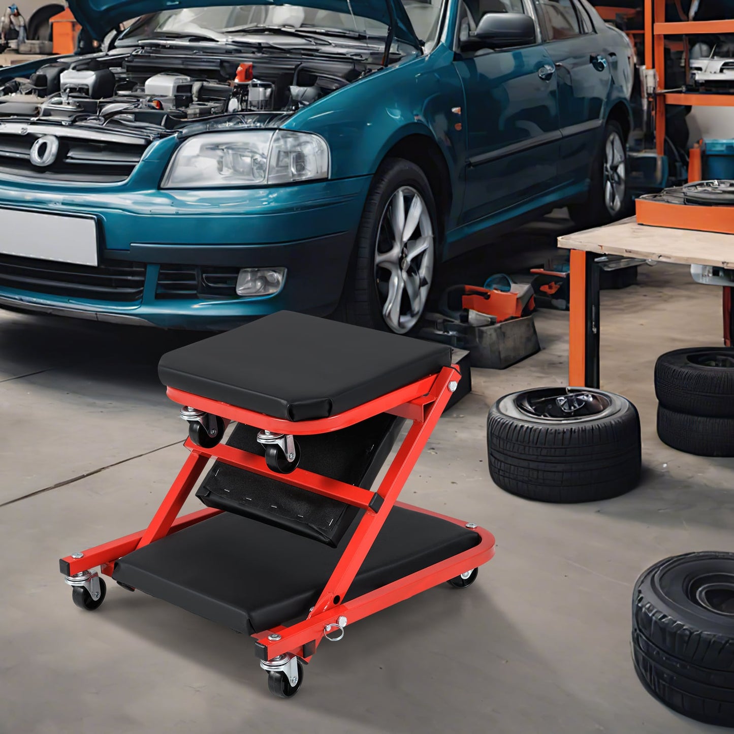 2-in-1 Rolling Creeper Seat Folding Creeper with 6 Universal Wheels