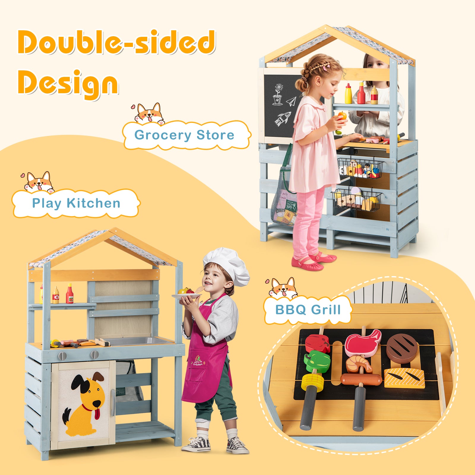 2 in 1 Wooden Mud Kitchen and Grocery Store with Removable Sink-Grey