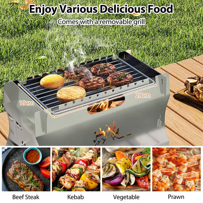 2-in-1 Camping Grill with Stainless Steel Grate and Carrying Bag-Silver