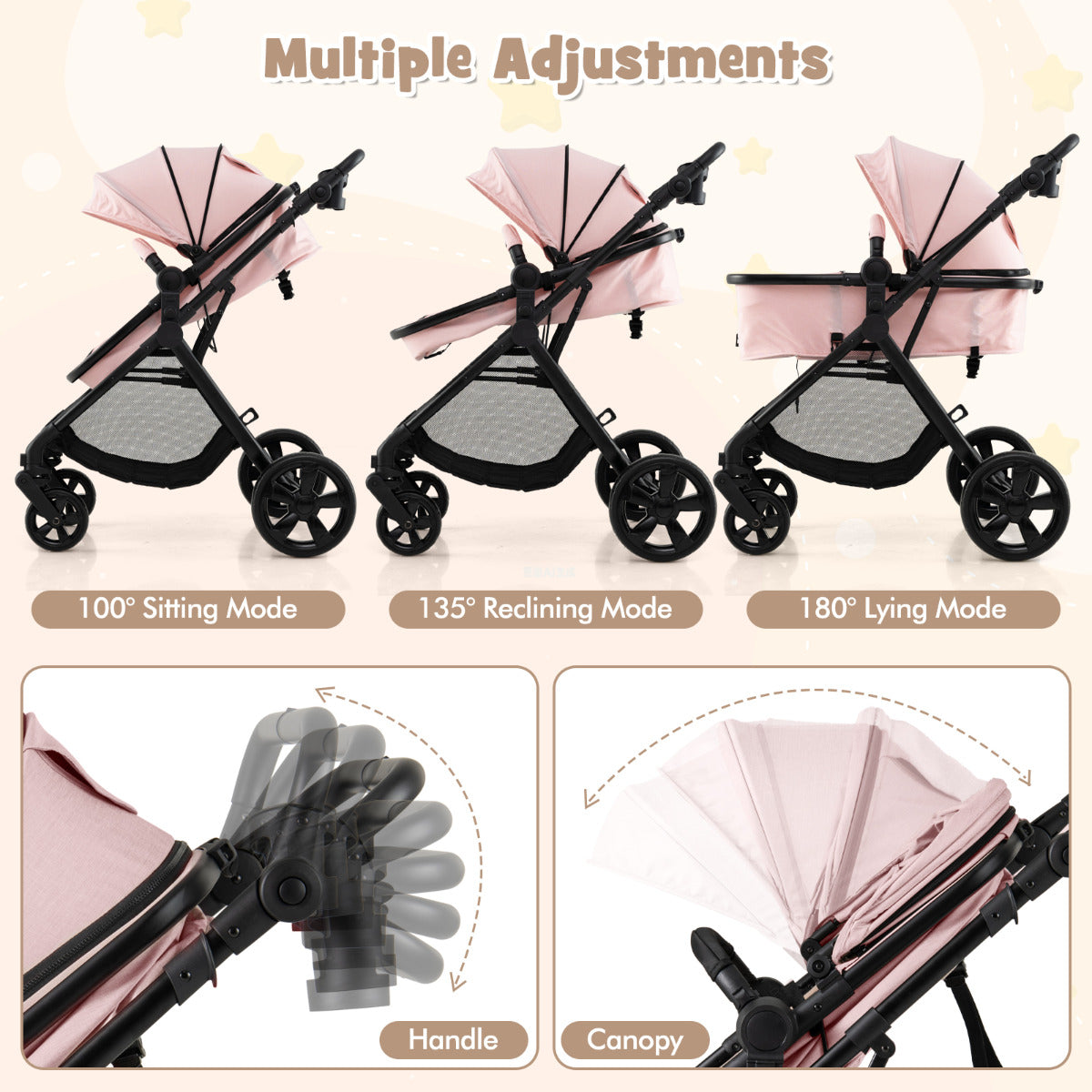 2-in-1 Convertible Baby Stroller with Reversible Seat and Adjustable Canopy-Pink