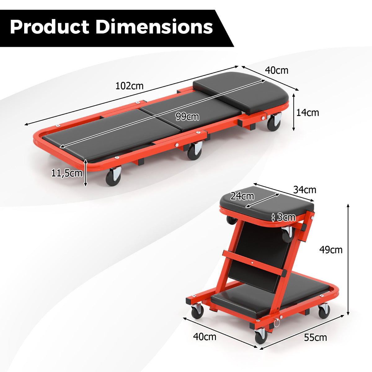 2-in-1 Folding Profile Mechanic Creeper with Padded Seat and 6 Wheels-Black