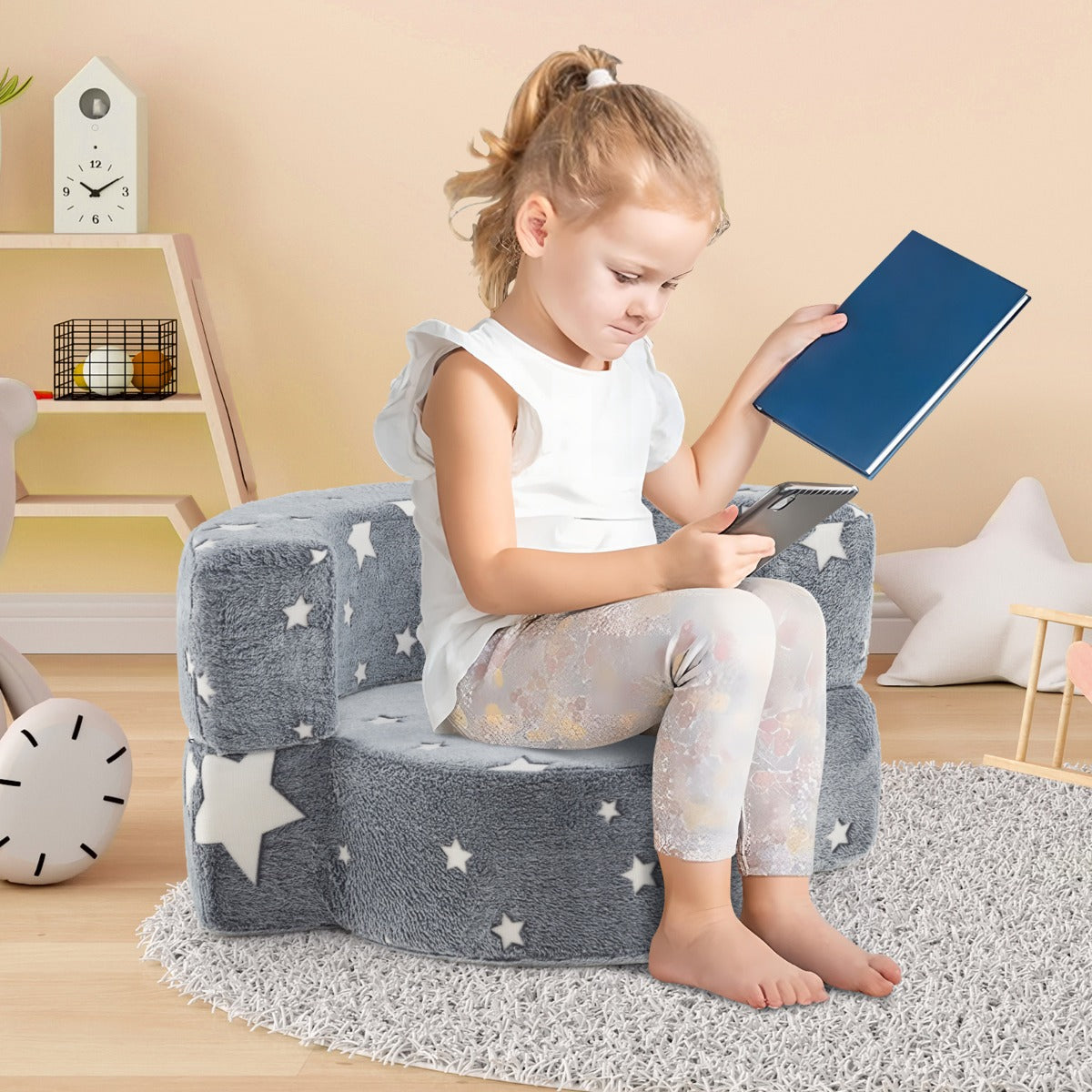 2 in 1 Glow in the Dark Sofa for Toddlers  with Machine Washable Flannel Cover-Grey