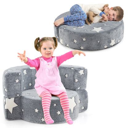 2 in 1 Glow in the Dark Sofa for Toddlers  with Machine Washable Flannel Cover-Grey