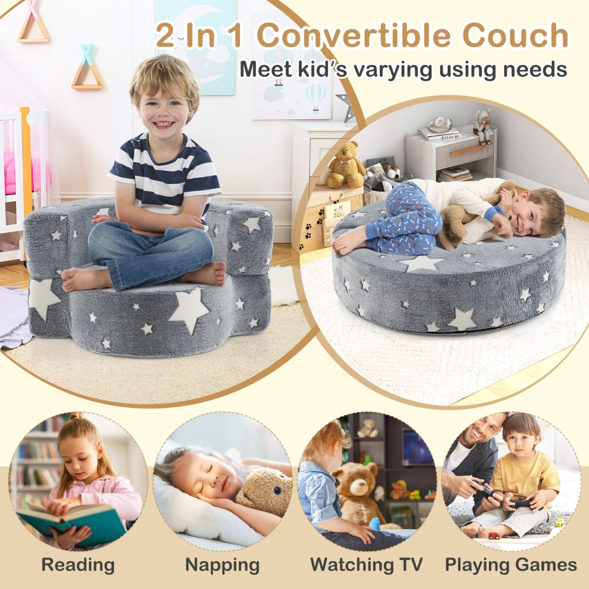 2 in 1 Glow in the Dark Sofa for Toddlers  with Machine Washable Flannel Cover-Grey