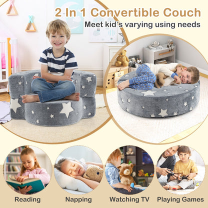 2 in 1 Glow in the Dark Sofa for Toddlers  with Machine Washable Flannel Cover-Grey