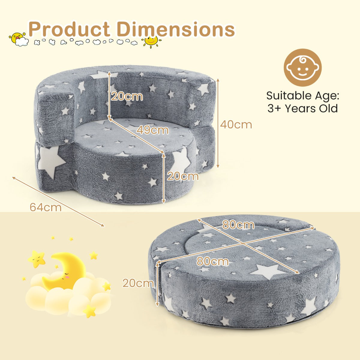 2 in 1 Glow in the Dark Sofa for Toddlers  with Machine Washable Flannel Cover-Grey