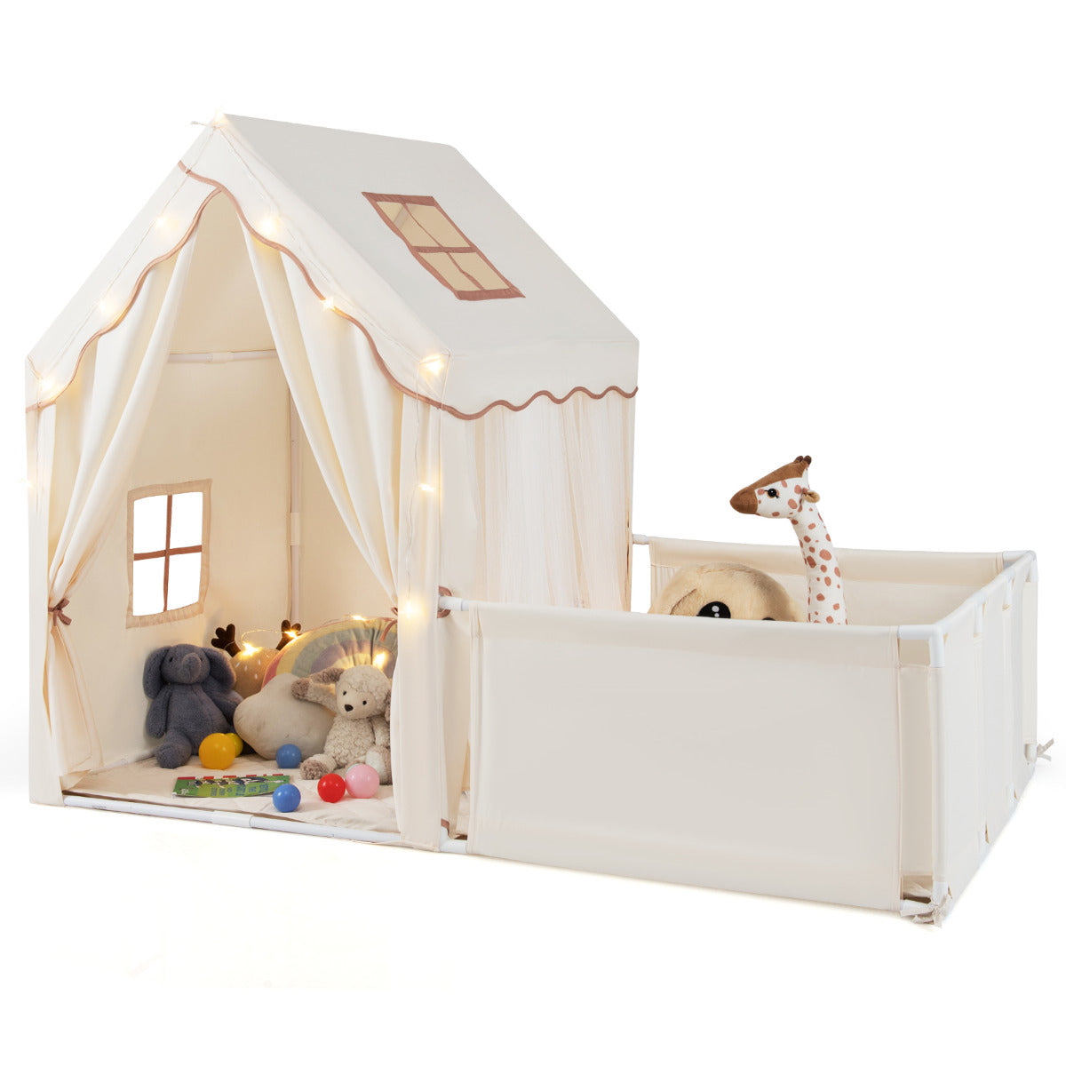 2-in-1 Kids Play Tent with Playpen and Washable Cotton Mat-Off White