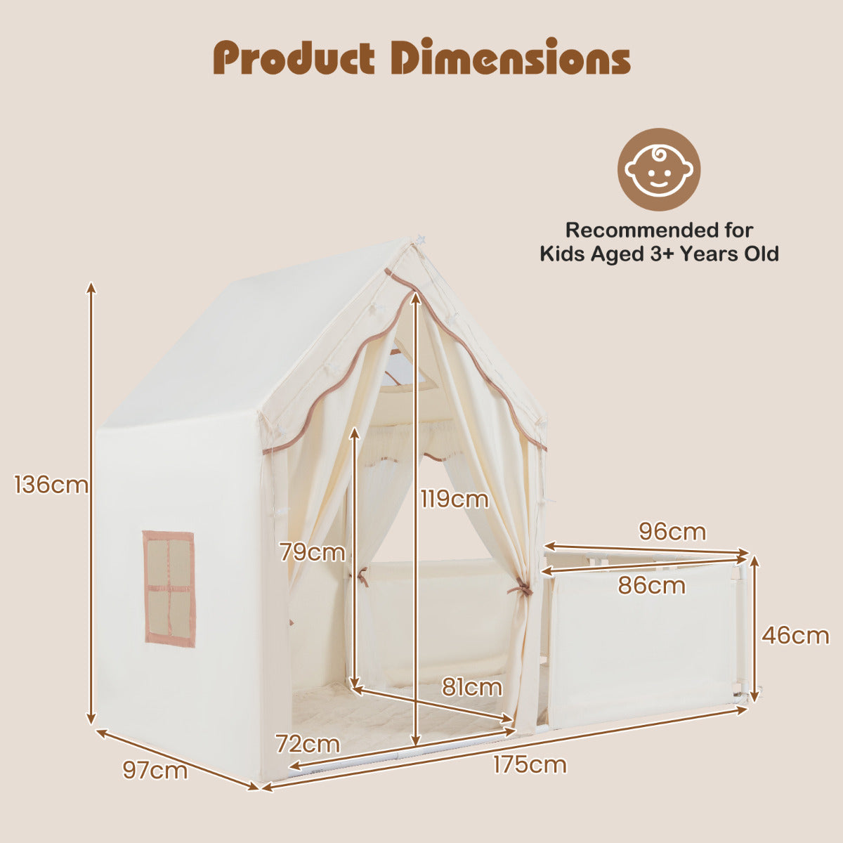 2-in-1 Kids Play Tent with Playpen and Washable Cotton Mat-Off White