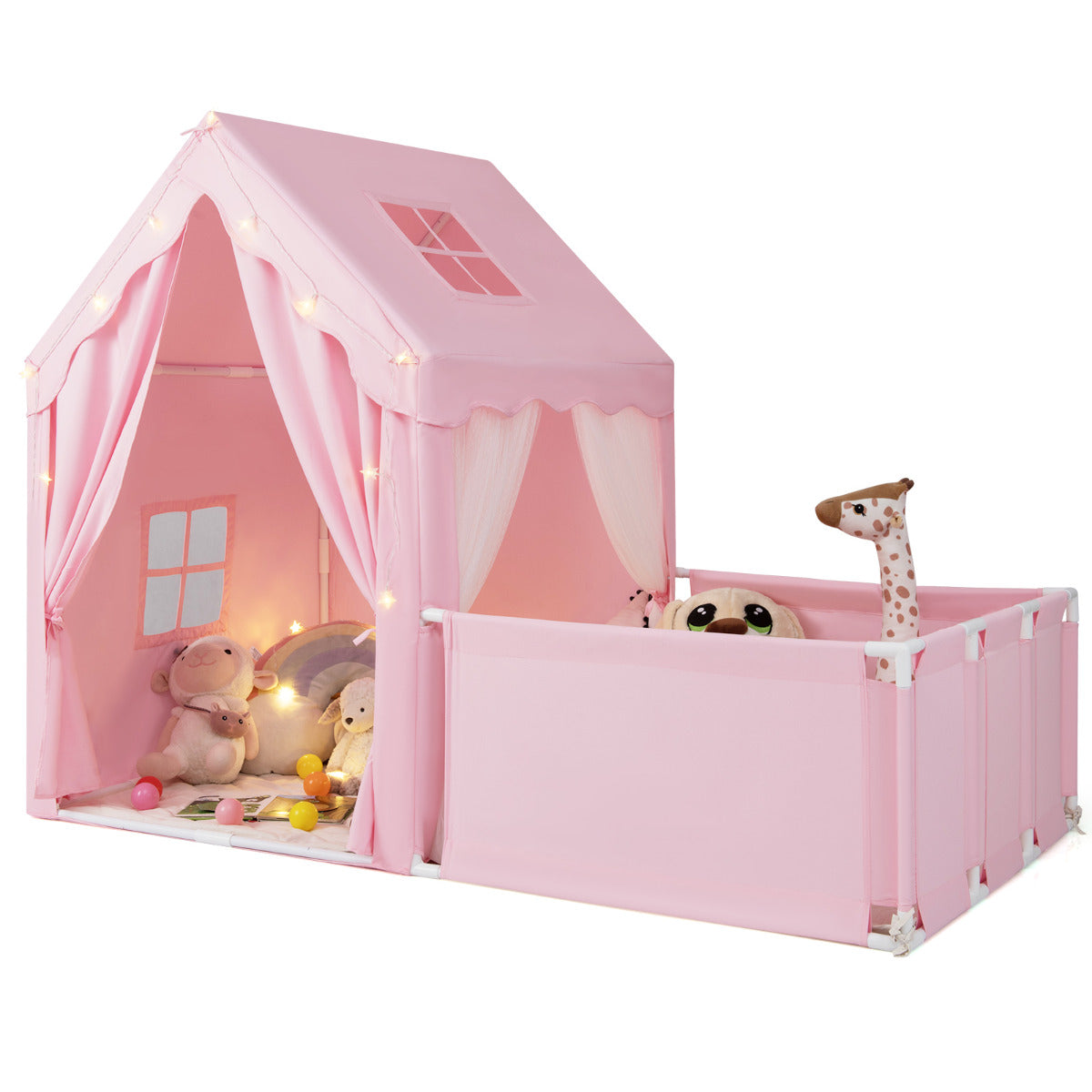 2-in-1 Kids Play Tent with Playpen and Washable Cotton Mat-Pink