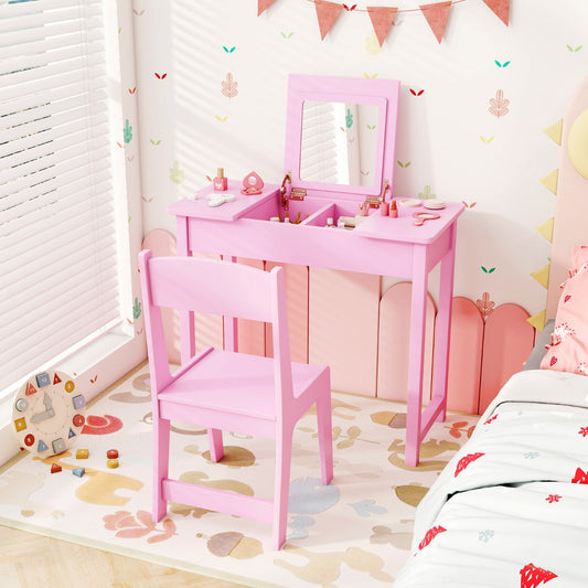2 in 1 Kids Vanity Table and Chair Set with Flip Top Mirror Hidden Storage-Pink