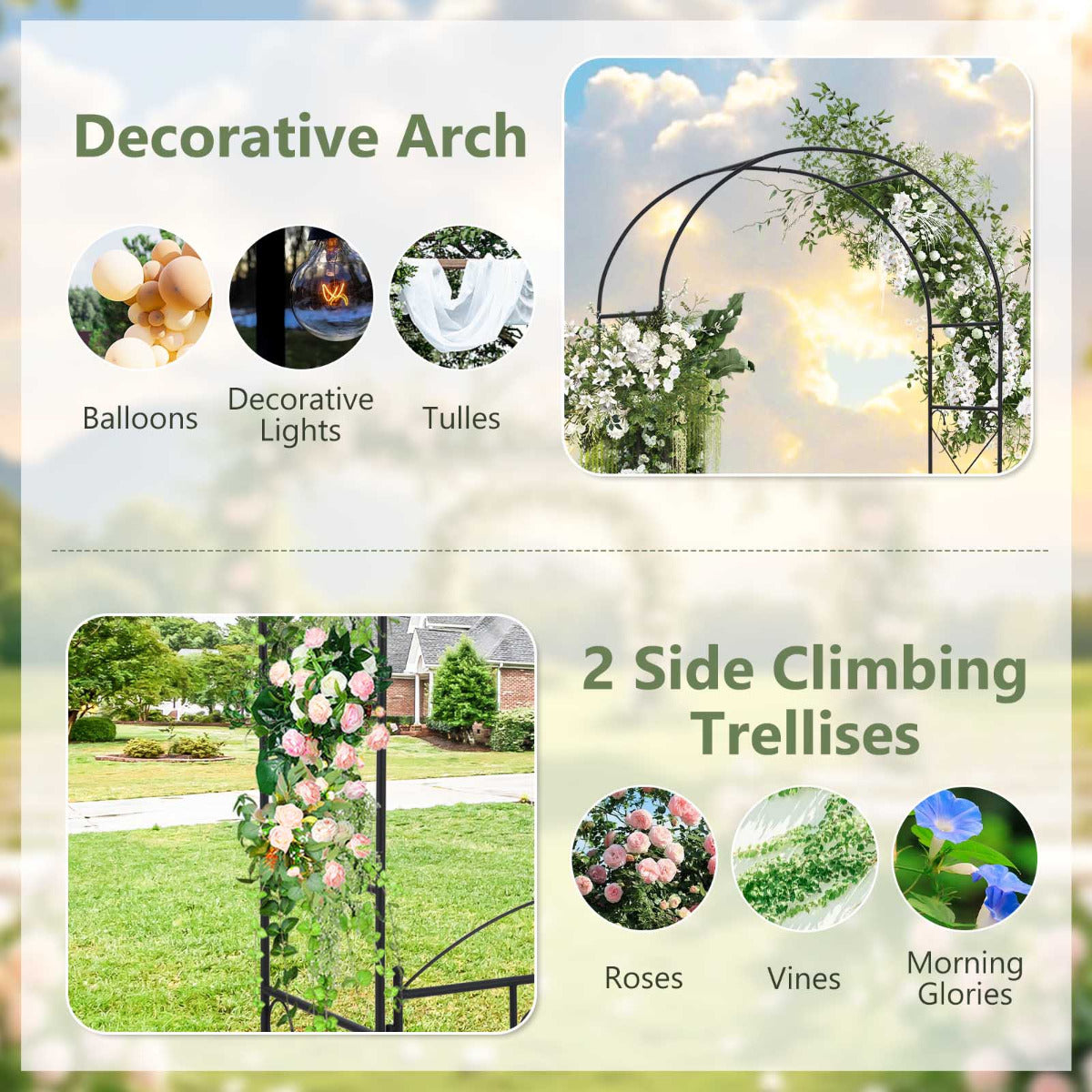 2-in-1 Metal Garden Arbor 228 cm Decorative Arch Trellis-Black