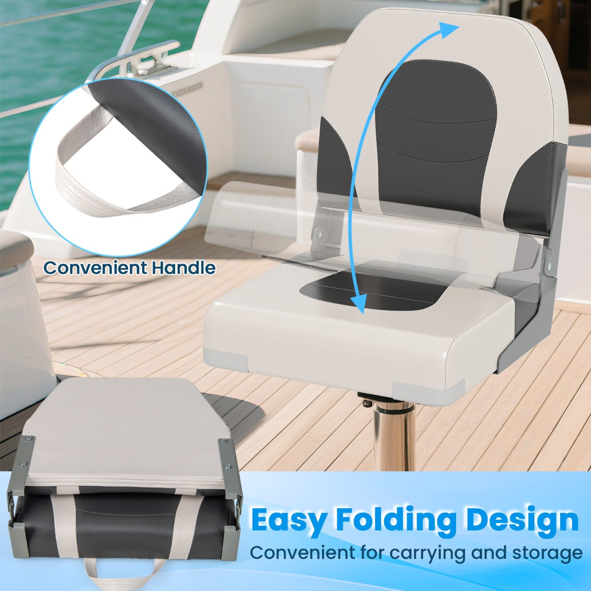 Upholstered Folding Captain Boat Chair with Padded Seat and Back-Grey